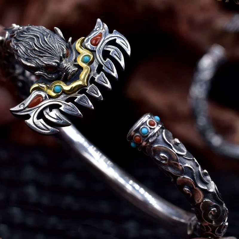 Domineering Ethnic Style Journey To The West Inlaid Imitation Red Blue Turquoise Zhu Bajie Iron-toothed Rake Shape Open Bracelet