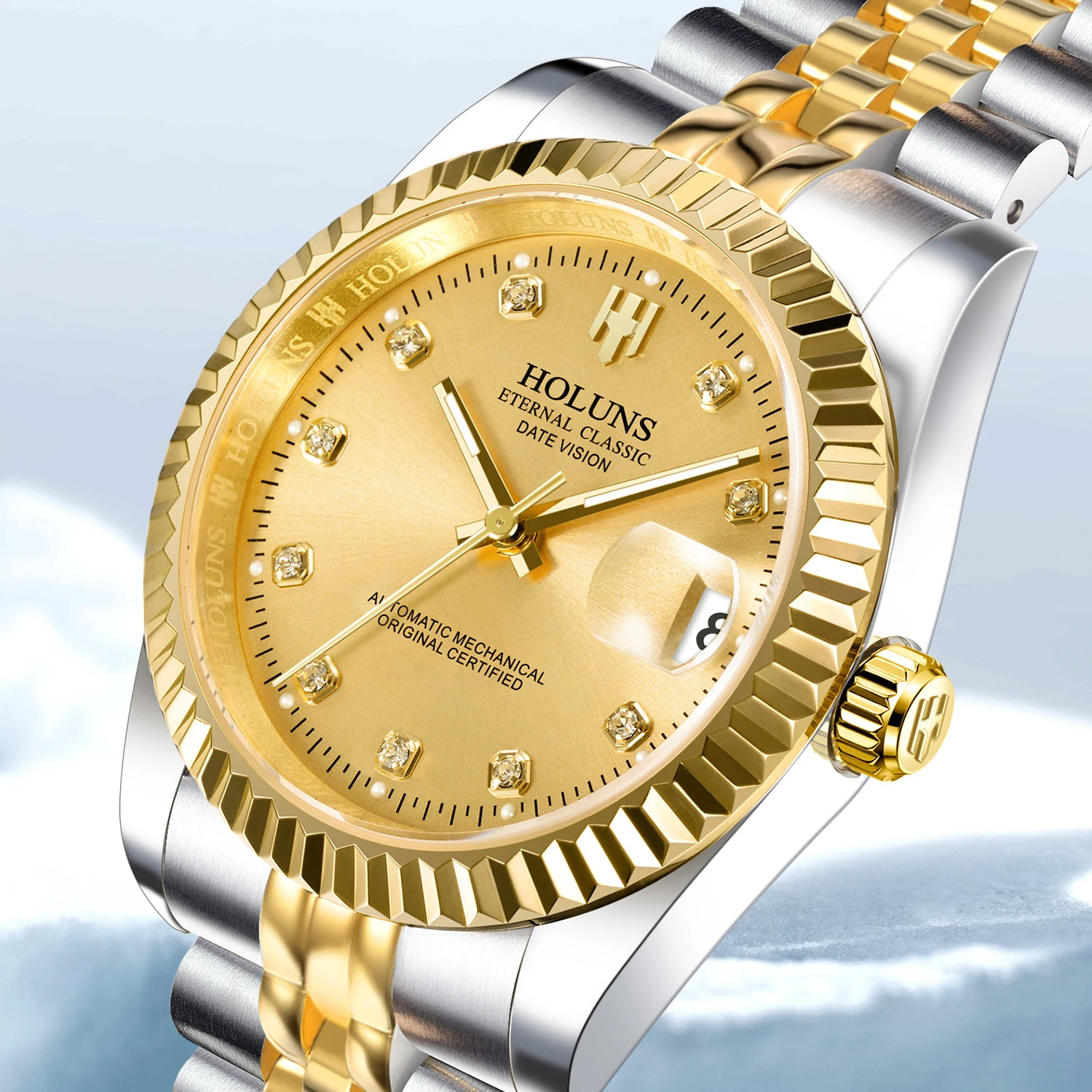 Holuns 2024 neue Luxus Edelstahl Automatik uhr für Männer Gold klassische Rolle mechanische Armbanduhren Saphir wasserdicht