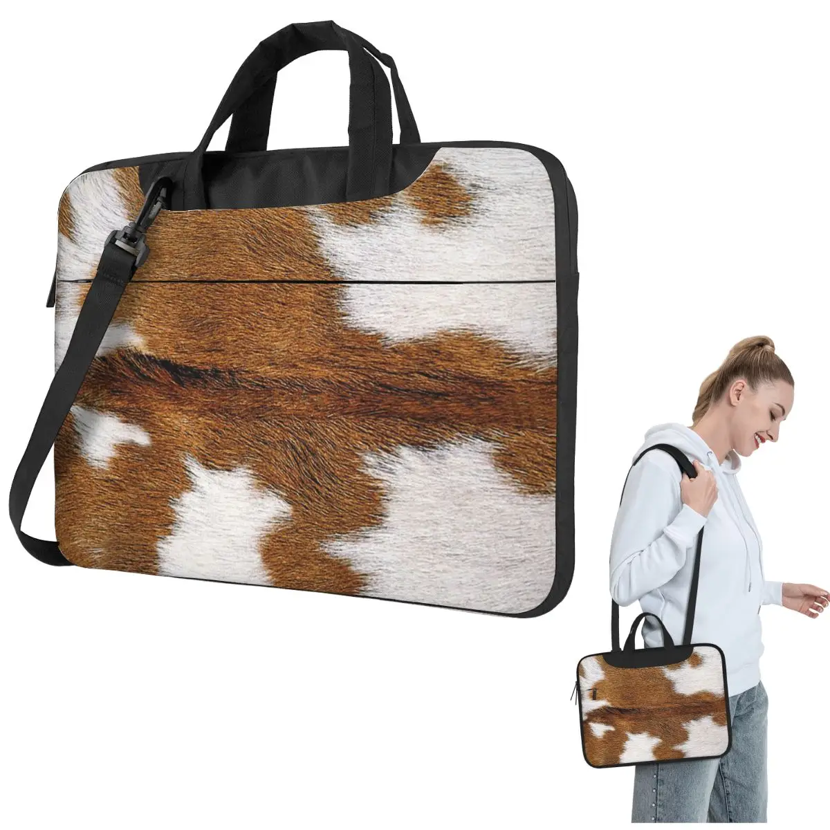 Stylish Cow Fur Cowhide Texture Cow Skin Print Patter Crossbody Laptop Bag Case13 14 15.6 Inch Notebook Pouch for Lenovo