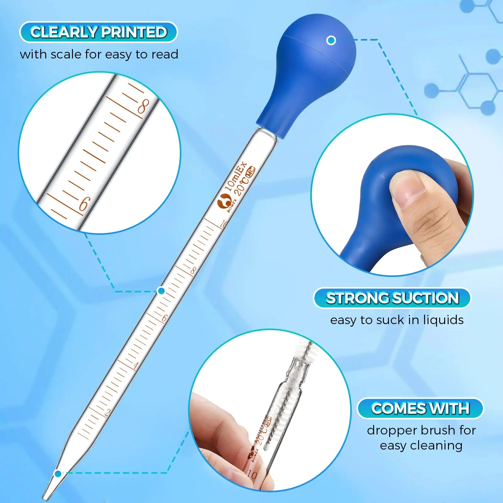 Glass Graduated Droppers Lab Pipettes Dropper Glass Liquid Pipette with Big Rubber Hats 20 cm Glass Stir Rod  (16 Pieces, 5 ml)