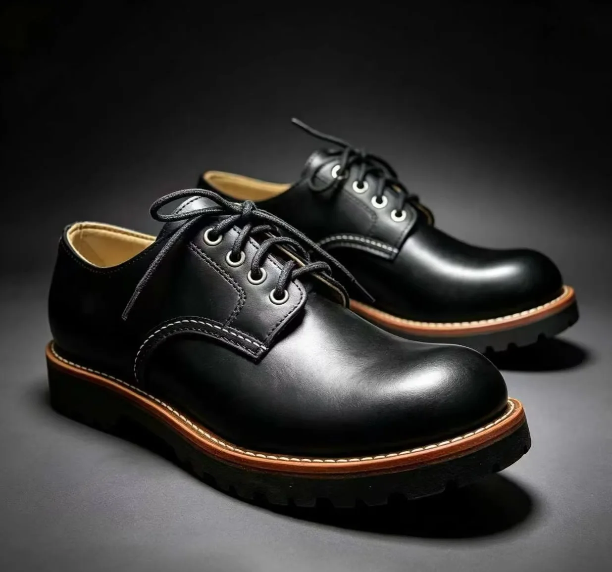All407 Goodyear Welted Men Big Round Toe Leather Shoes Thick Lug Sole Low Top Lace‑up Vintage Amekaji Work Casual Shoes