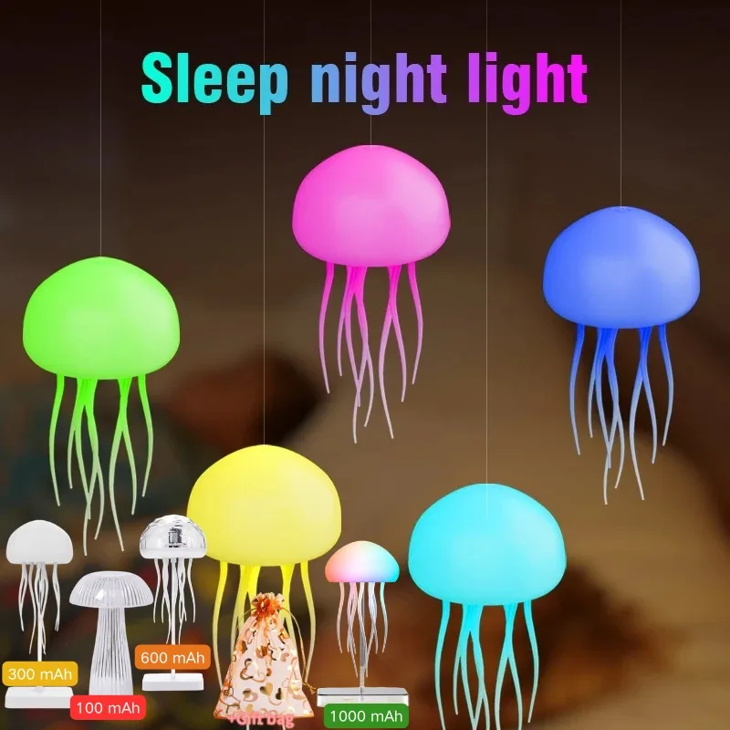 Led lights Cartoon Jellyfish Night Light RGB Gradient Cute Jellyfish Bedside Lamp Voice Control Type-C Charging LED Night Lamp