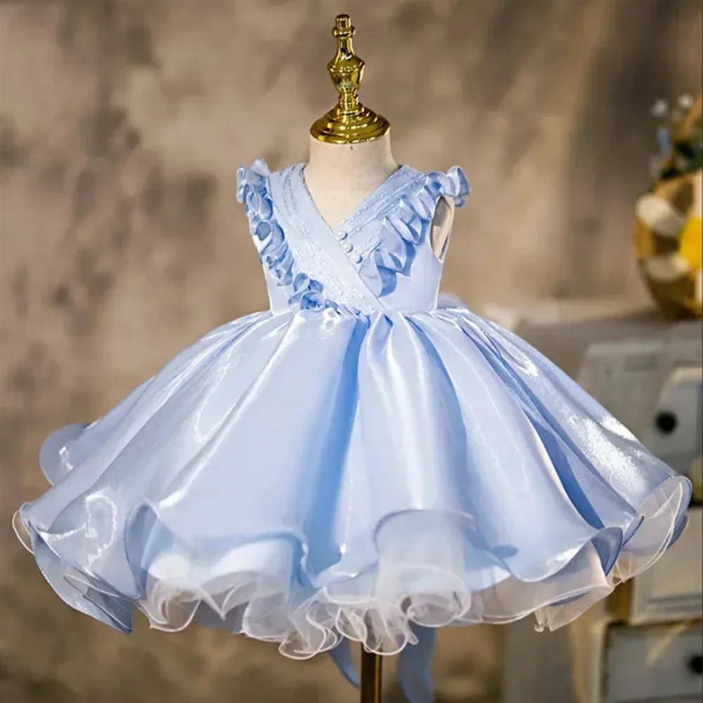 

Cute Flower Girl Wedding Dress Bow Pearls Sleeveless Tiered Pleated Princess Birthday Party Kids First Communion Gown Customized