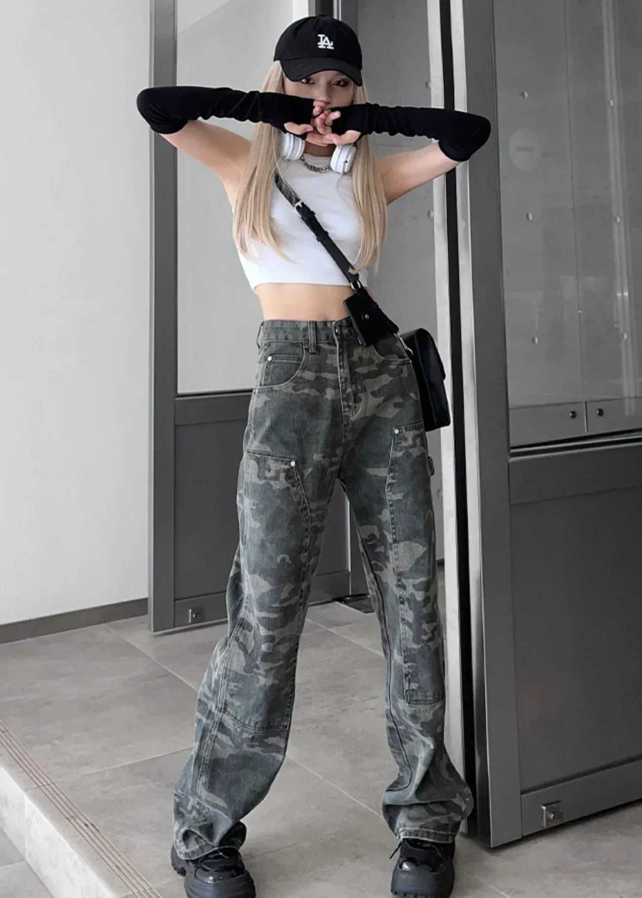 المرأة التمويه الجينز فضفاضة عالية الخصر خمر البضائع بنطال ذو قصة أرجل واسعة الدينيم كامل طول الشارع الشهير الإناث سراويل جينز