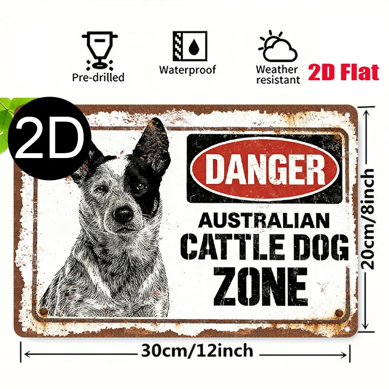 2D Flat - 1pc of 2D Flat Metal Sign, 8X12 Inches / 20X30 Cm, Featuring an Australian Bulldog Theme Warning Design, in a Vintage