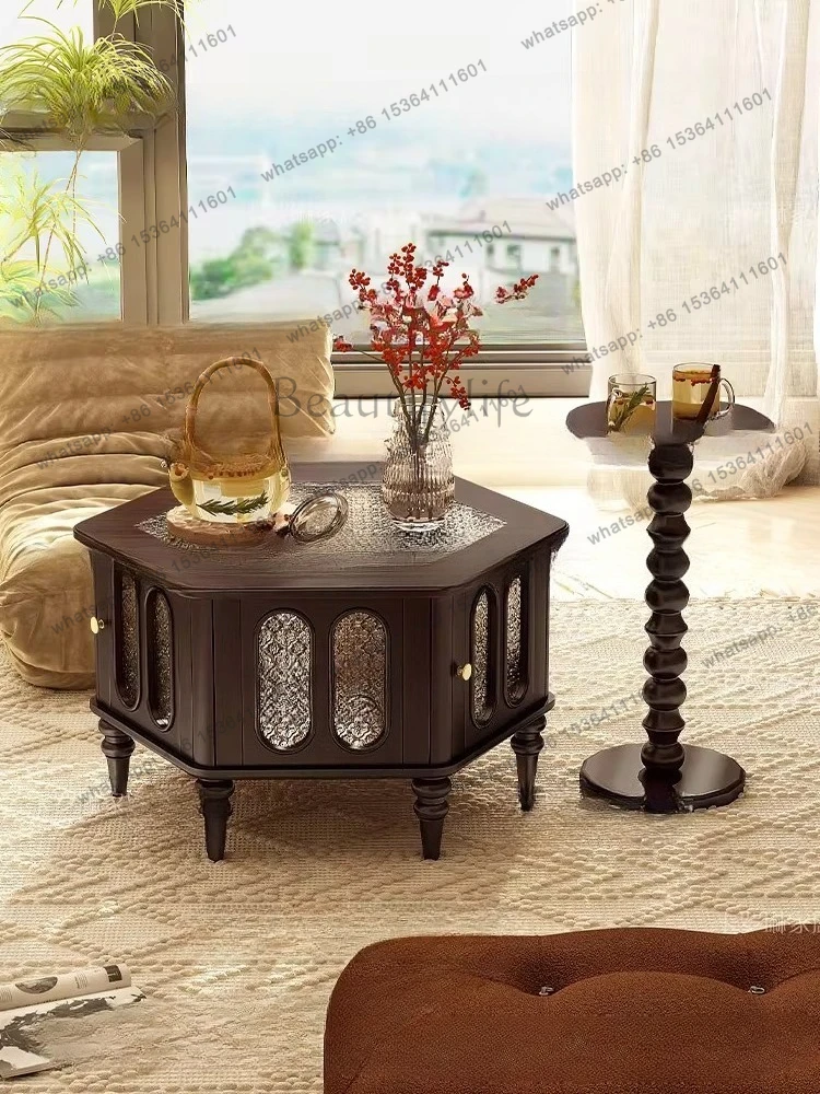 New French light luxury retro pure solid wood coffee table living room American small apartment