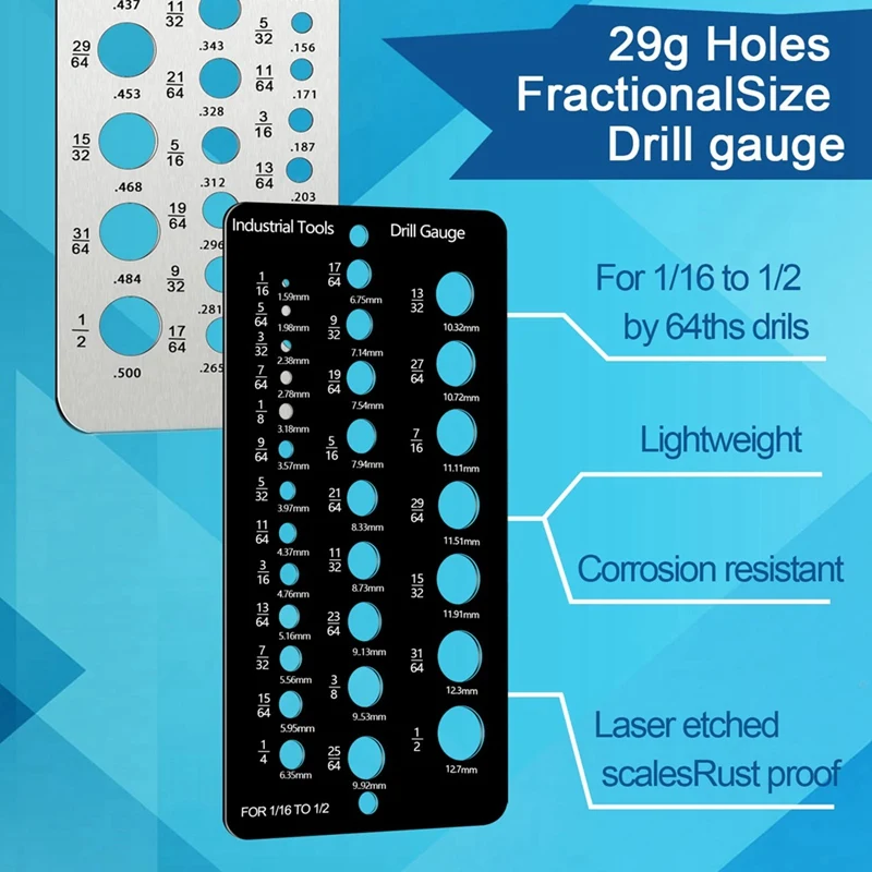 AB34-Drill Bit Gauge Fractional Drill Bit Size Gauge,29-Holes Metric Size Drill Bit Gauge For 1/16 Inch To 1/2 Inch Drill Bit