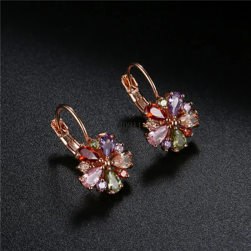 Pendientes de Color H, oro de 18 quilates, circonita, luz de lujo, chapado en oro rosa, flor de cristal, pendientes de gemas de alta gama, temperamento