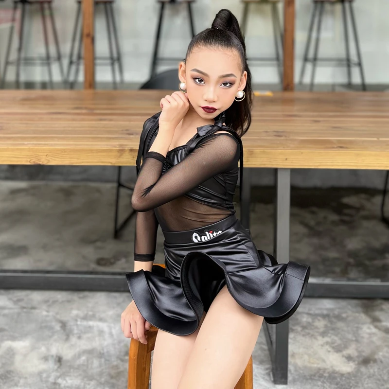 Kids Girls Lolita Latin Dance Clothing Outfit Set Long Sleeve Leather Mesh Lace-up Top Pants Stage Performance Clothes