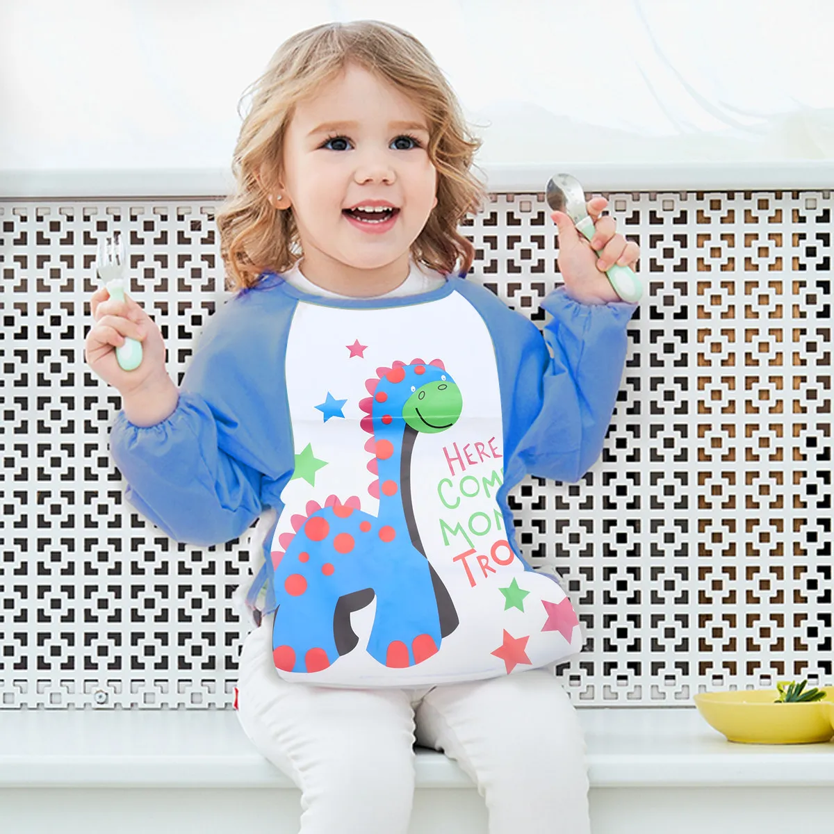 Long-Sleeve Waterproof Painting Apron Sky-Blue Cartoon Printing Washable Breathable Protective Clothes for Kids Children Art