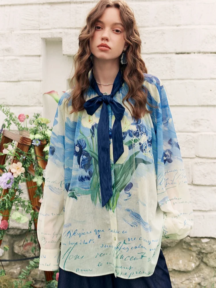 French Blue Printed Snow Lining Spun Shirt For Women In 2026 Summer Fashion, Glazed Color Loose And Beautiful Top