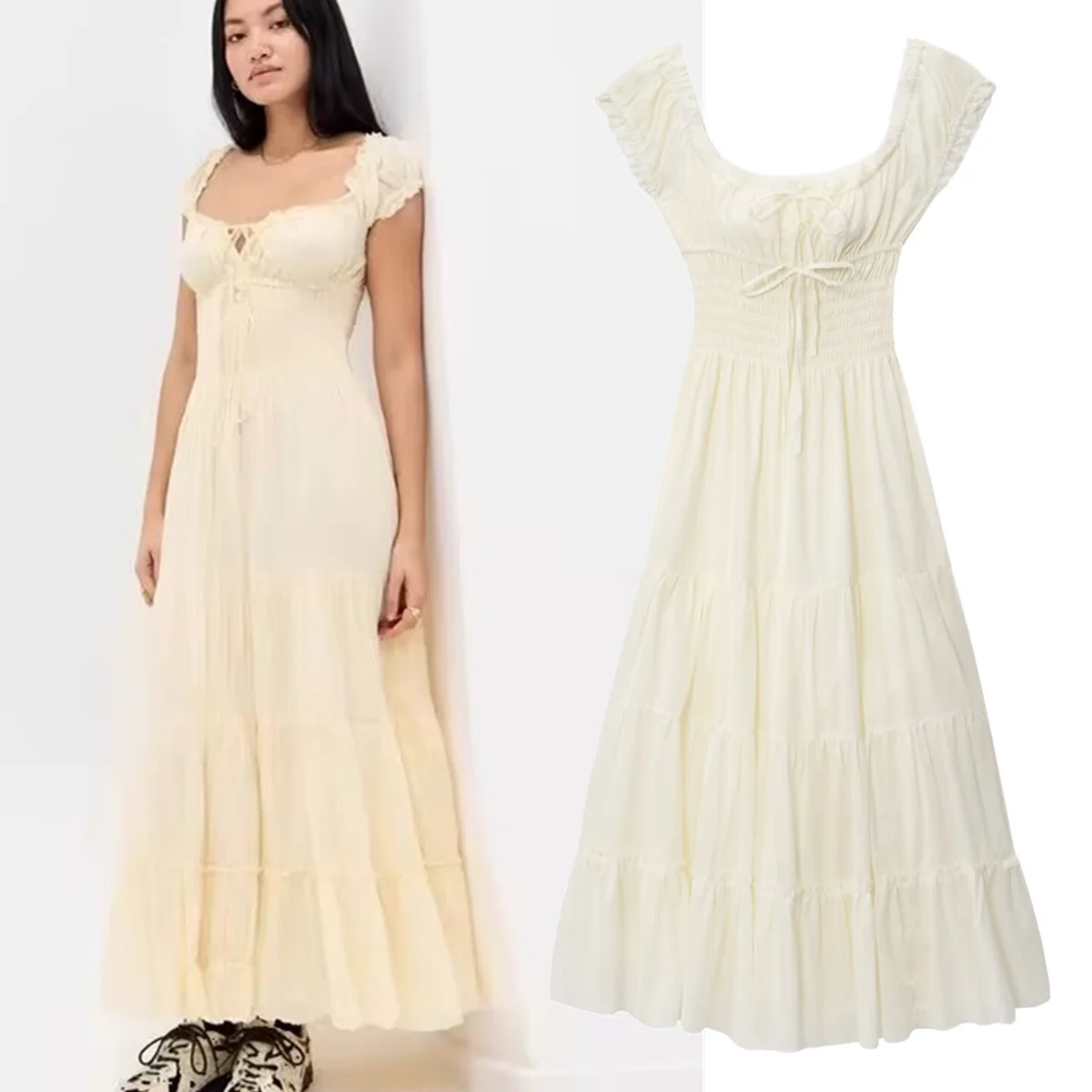 

Jenny&Dave Summer Short Sleeve Midi Dress French Elegant Square Neck Cotton Dress Elegant Party Dresses Vestidos Womens Dresses