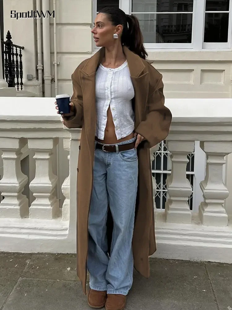 

Solid Lapel Woolen Trench Long Overcoatswomen Elegant Double-breasted Pocket Loose Coat Fashion New Autumn Lady Street Outerwear