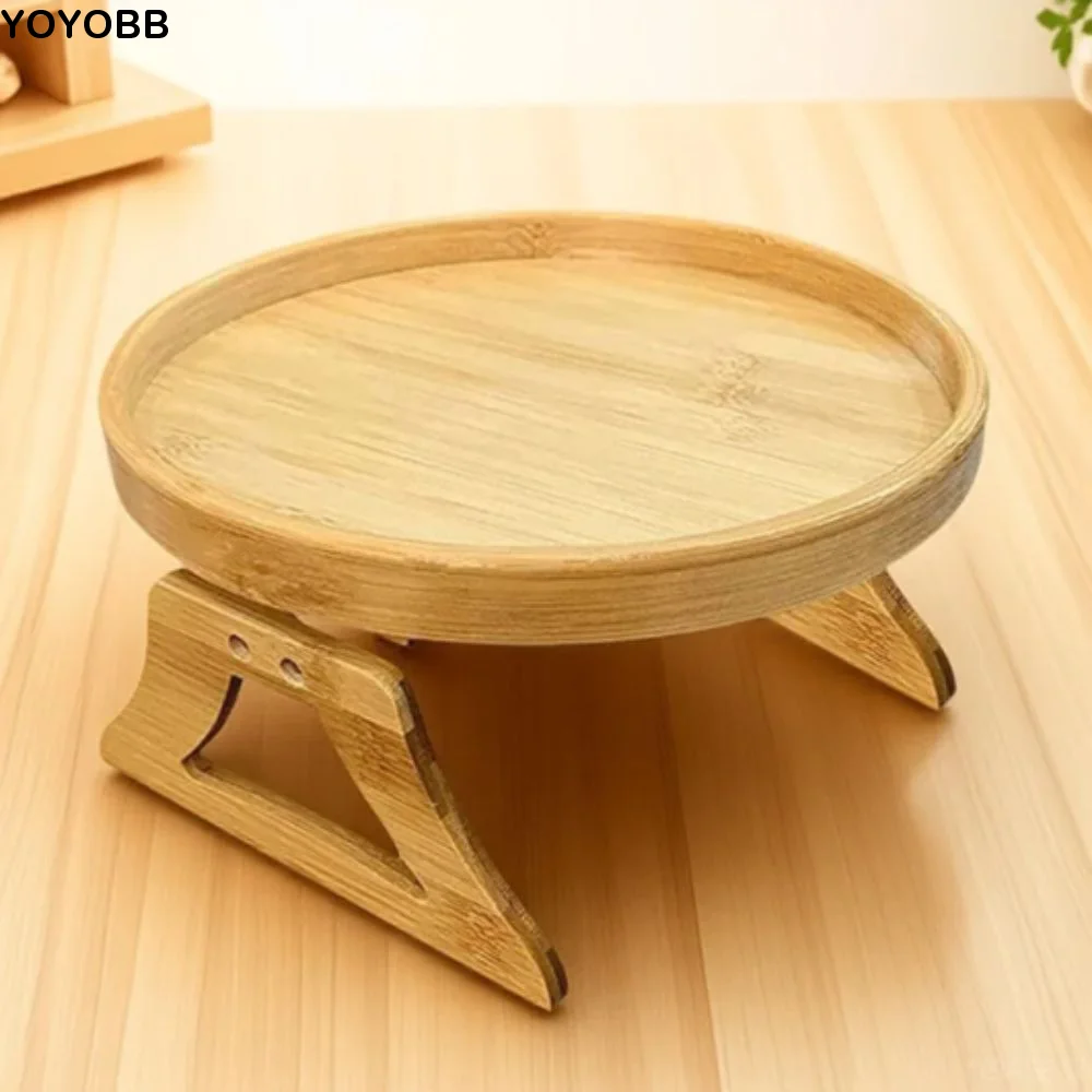 

Practical Natural Wooden Sofa Tray Foldable Circular Armrest Tray Bamboo-Wood Color Portable Clip-On Tray Remote Control Storage