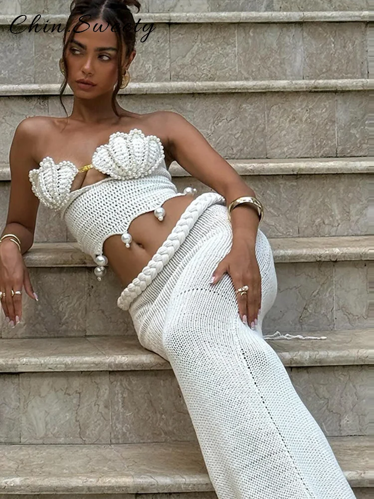 

Sexy Crochet Hollow Out Pearl Long Skirt Set Women Loose Solid Crop Tops Low Waist Straight Skirts 2025 Summer Lady Beach Suit