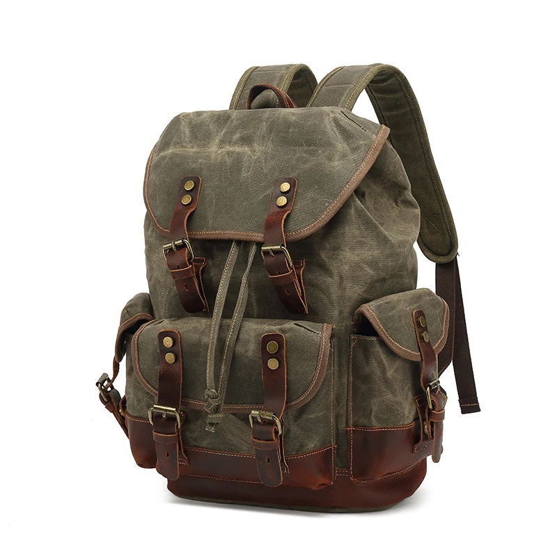 Waxed Canvas Backpack Men\'s outdoor shoulder casual student bag large capacity travel backpack canvas leather climbing bag