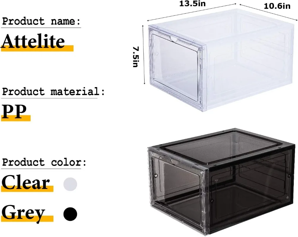 Drop Front Plastic Shoe Box with Clear Door Set of 6 Stackable For Display Sneakers Easy Assembly