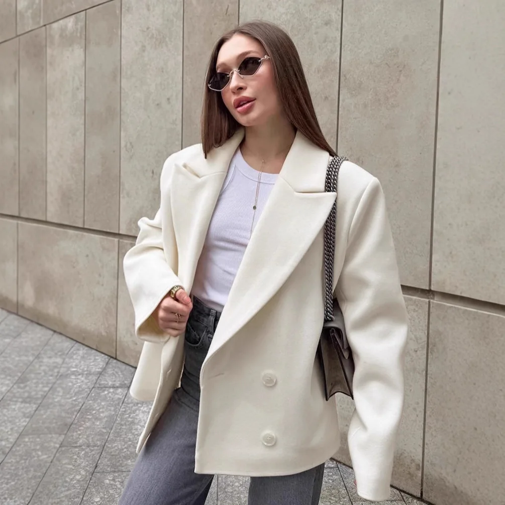 

Womne's CWoolenoat Lapel Double-Breasted Loose Fit Blazer For Female Office Formal Lady Outerwear Elegant WhiCollarte Autmn