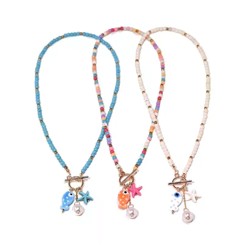 Bohemian Sea-Inspired Ceramic Fish Starfish Pendant Necklace Colorful Beads Ceramic Chain Bracelet Summer Ocean Beach Jewelry