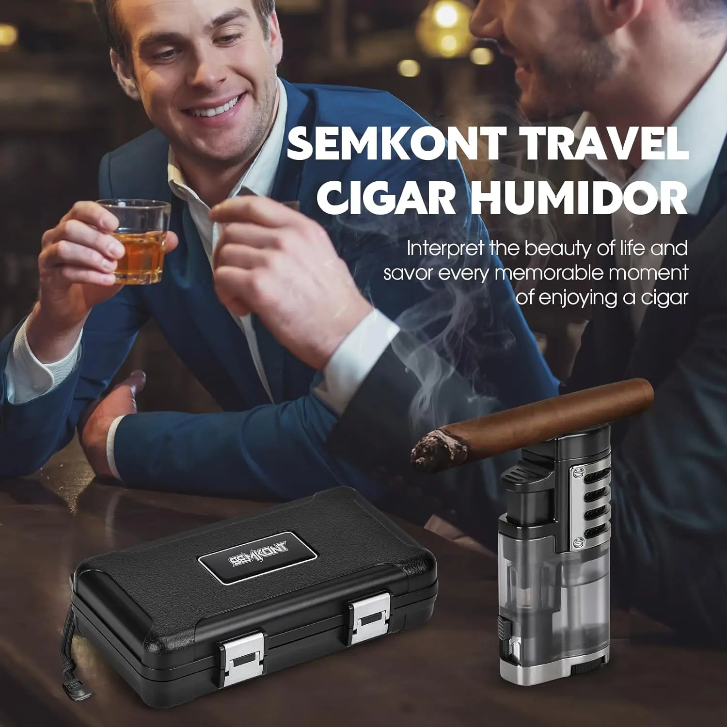 SEMKONT-Portable Travel Cigar Humidor,Double Cigar Humidor with Separate Storage for Cigar Accessories,Holds 5 Cigars