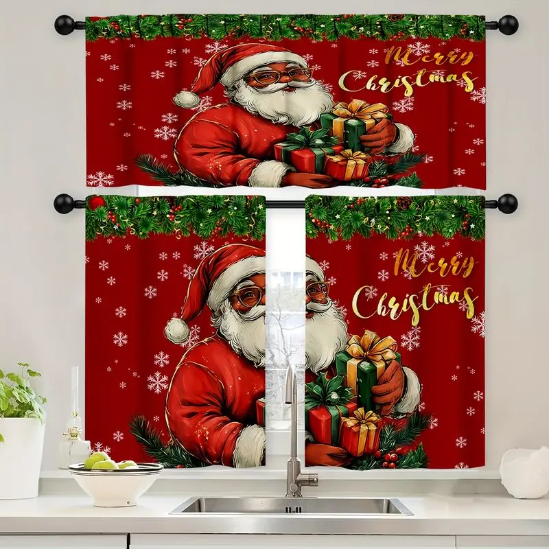 VIKAMA Christmas Kitchen Curtain Santa Holding Gift Merry Christmas Print Window Curtain Tier Kitchen Decor Holiday Winter Home