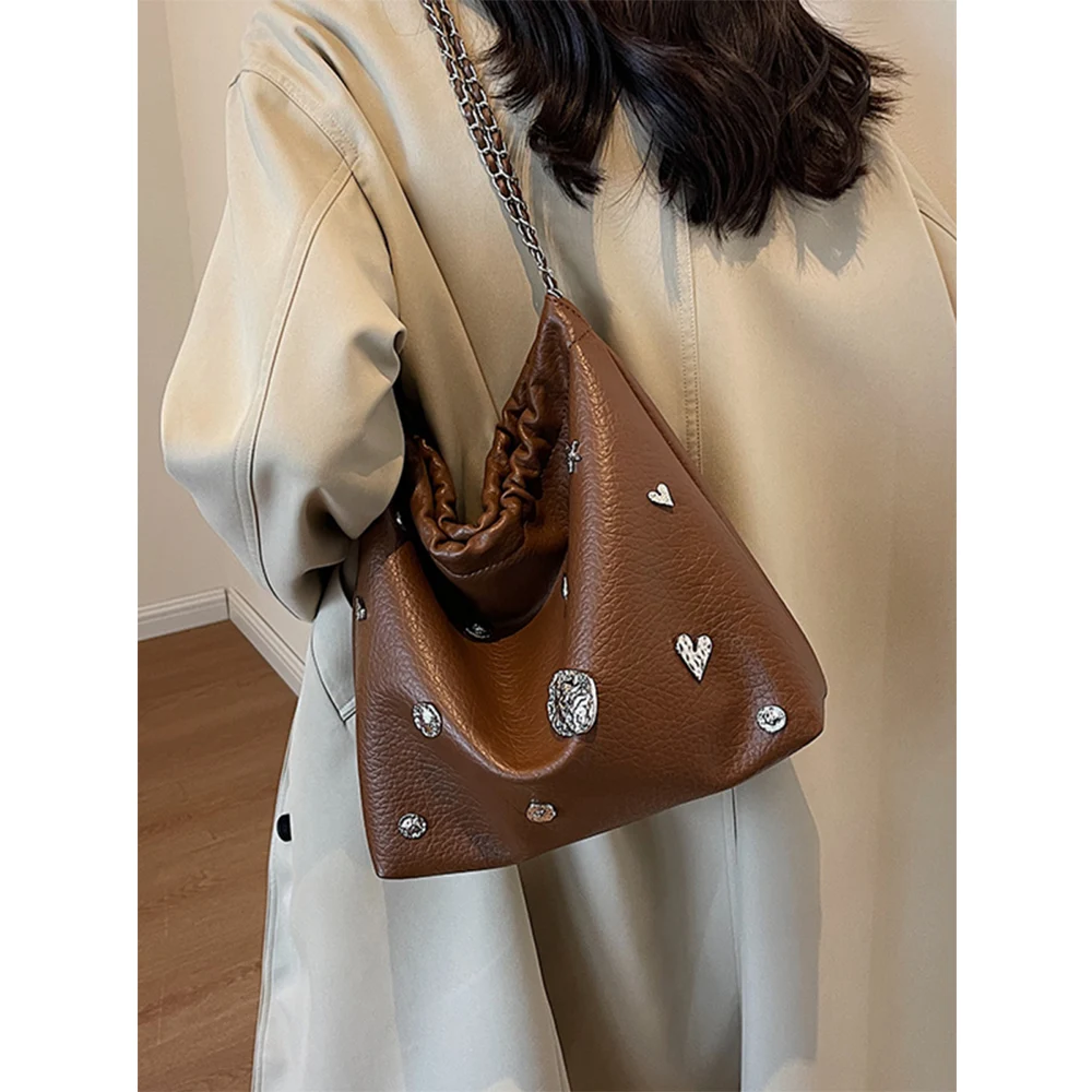 

Textured Women Tote Bag Shinny Appliques Soft Pu Leather Square Chain Shoulder Bags Large Capacity Female Commute Bucket Packs