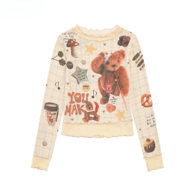 Autumn Japanese Cute Lolita Style T-Shirts Women Harajuku Y2k O-Neck Cartoon Bear Print Long Sleeve Tops Girls Casual Slim Tees