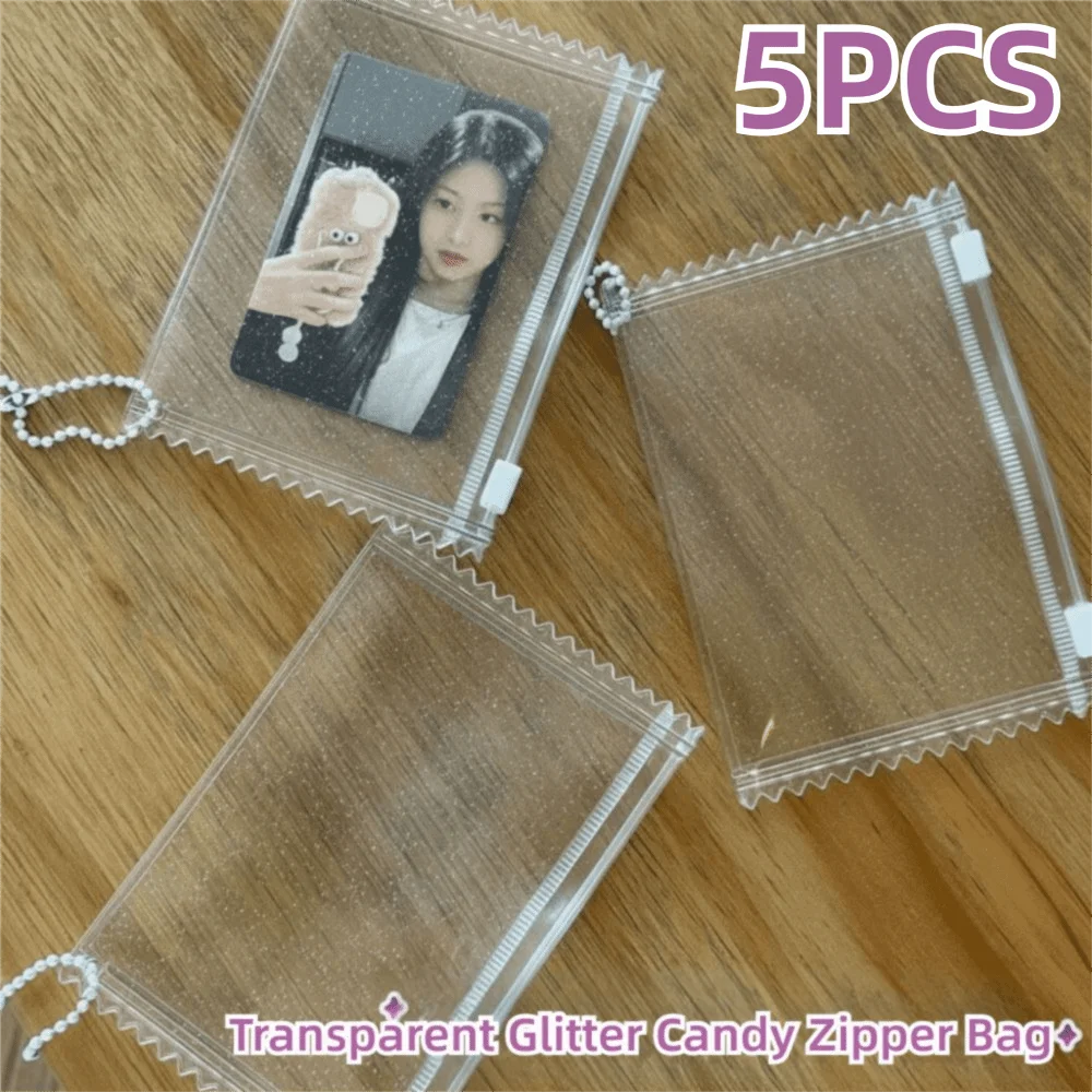 5PCS Display Holder Clear Shining Card Sleeve Protector with Hanging Chain Candy Zipper Zipper Bag Case 3inch PVC ID Card Holder