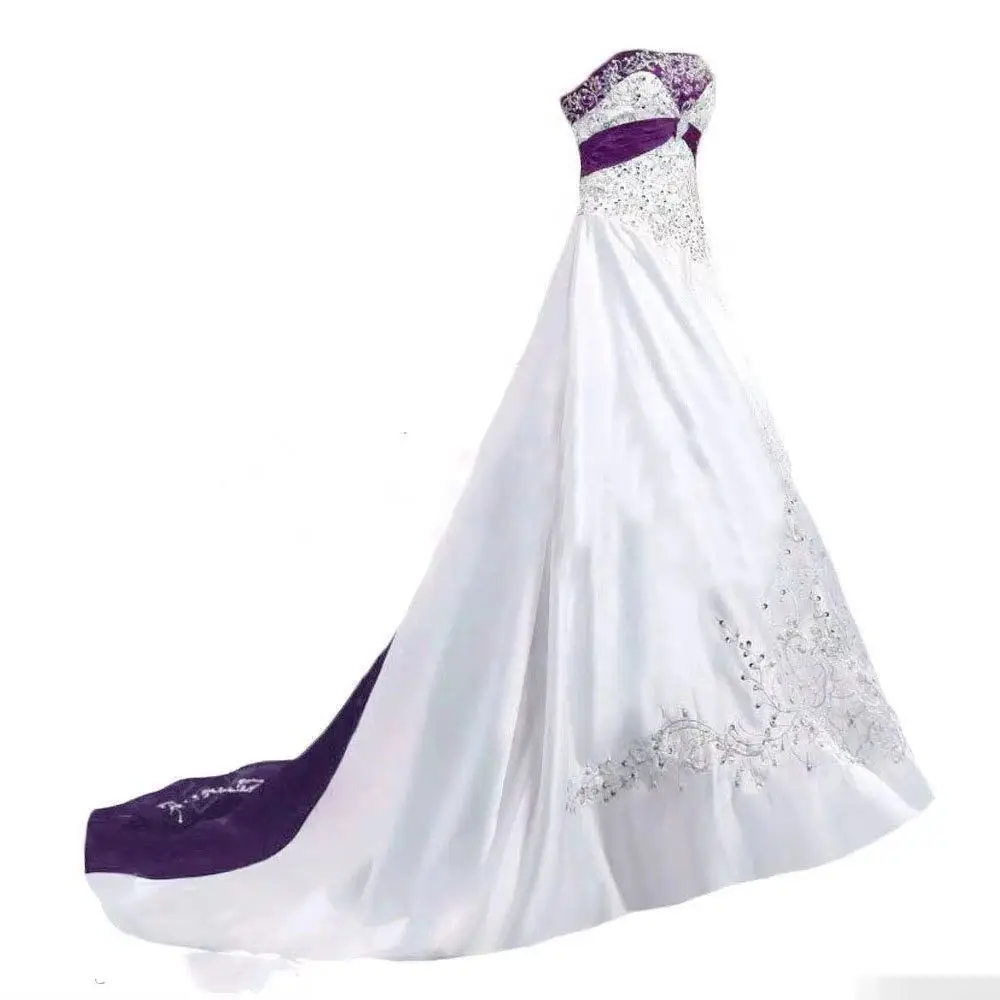 

Vintage White and Purple Wedding Dresses Strapless Lace-up Beaded Embroidery Sweep Train Corset Plus Size Bridal Gown Customized