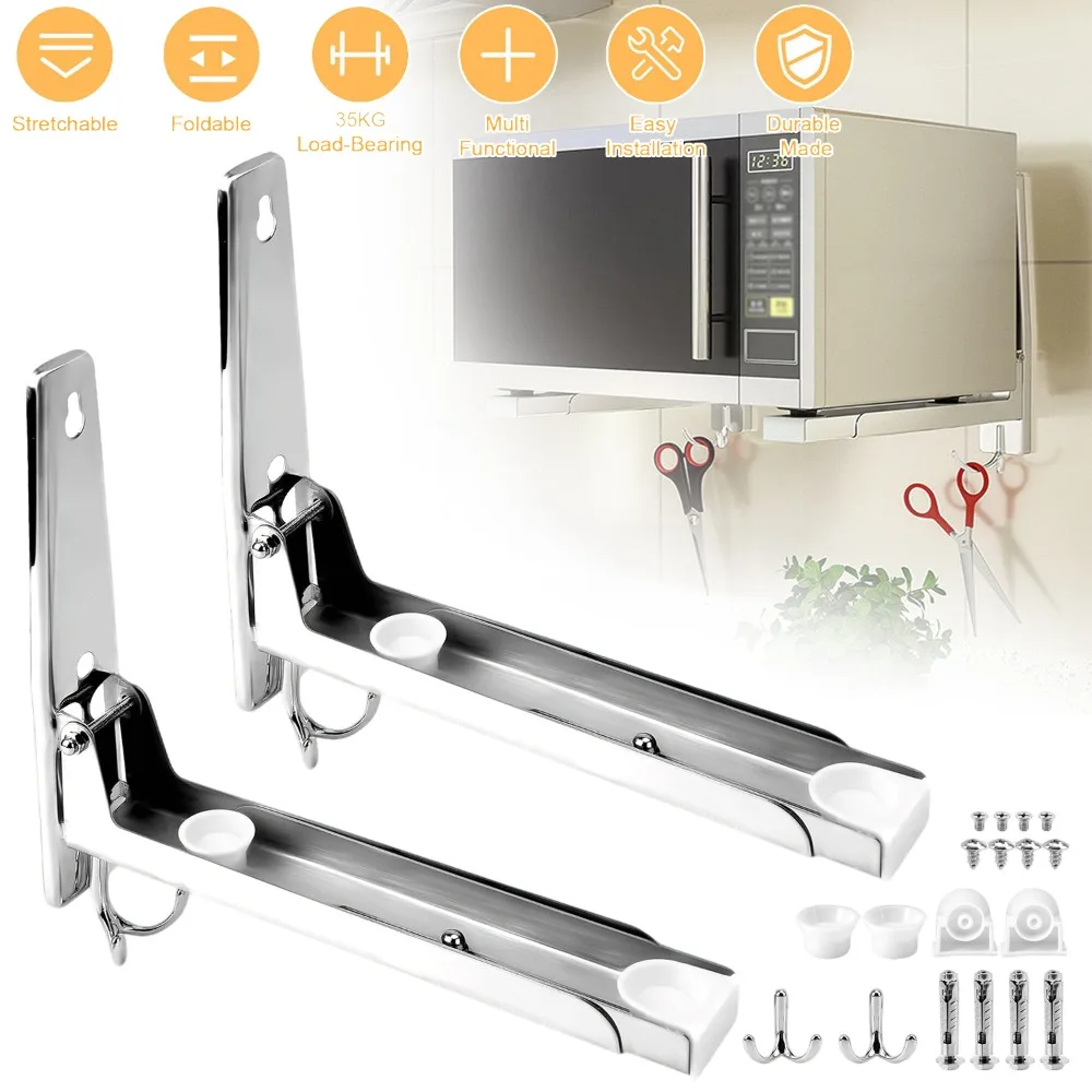 Lot de 2 supports pour four à micro-ondes en acier inoxydable, supports muraux réglables et pliables avec crochet, pour accessoires d'installation de cuisine à domicile