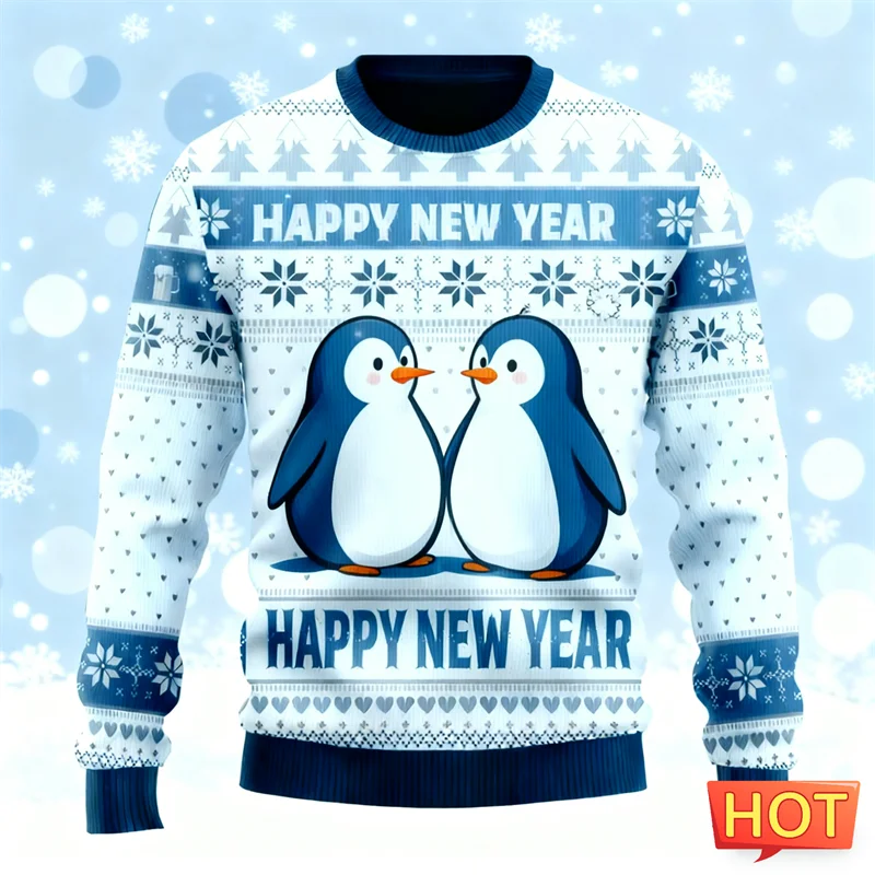 2026 New Happy New Year Letters Sweatshirts Simple Fashion Holiday Wear 3D Printed Ugly Christmas Sweater Casual Oversized Tops
