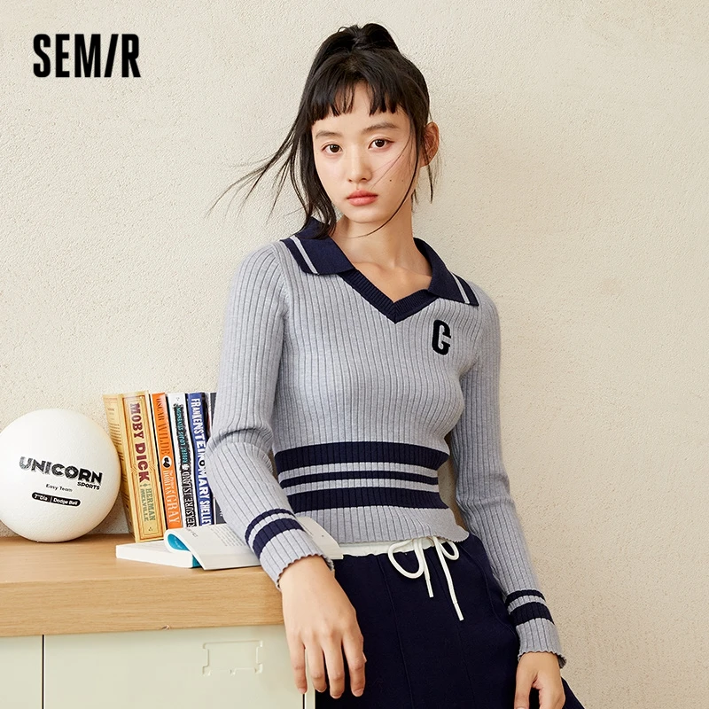 Semir 2023 Women Sweater Tight-Fitting Pullover New Autumn Small Man Hit Color Sweater Retro Casual Style Sweater for Women