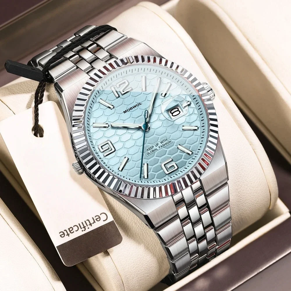 MOBWOL Men Watch Stainless Steel Band 30M Waterproof Luminous Dial Date Calendar Luxury Casual Daily Wristwatch