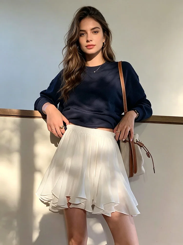 Women Elastic High Waist Mini Skirt 3 Colors Flowy Layered Cake Short Skirt Summer Casual Beach Skirt