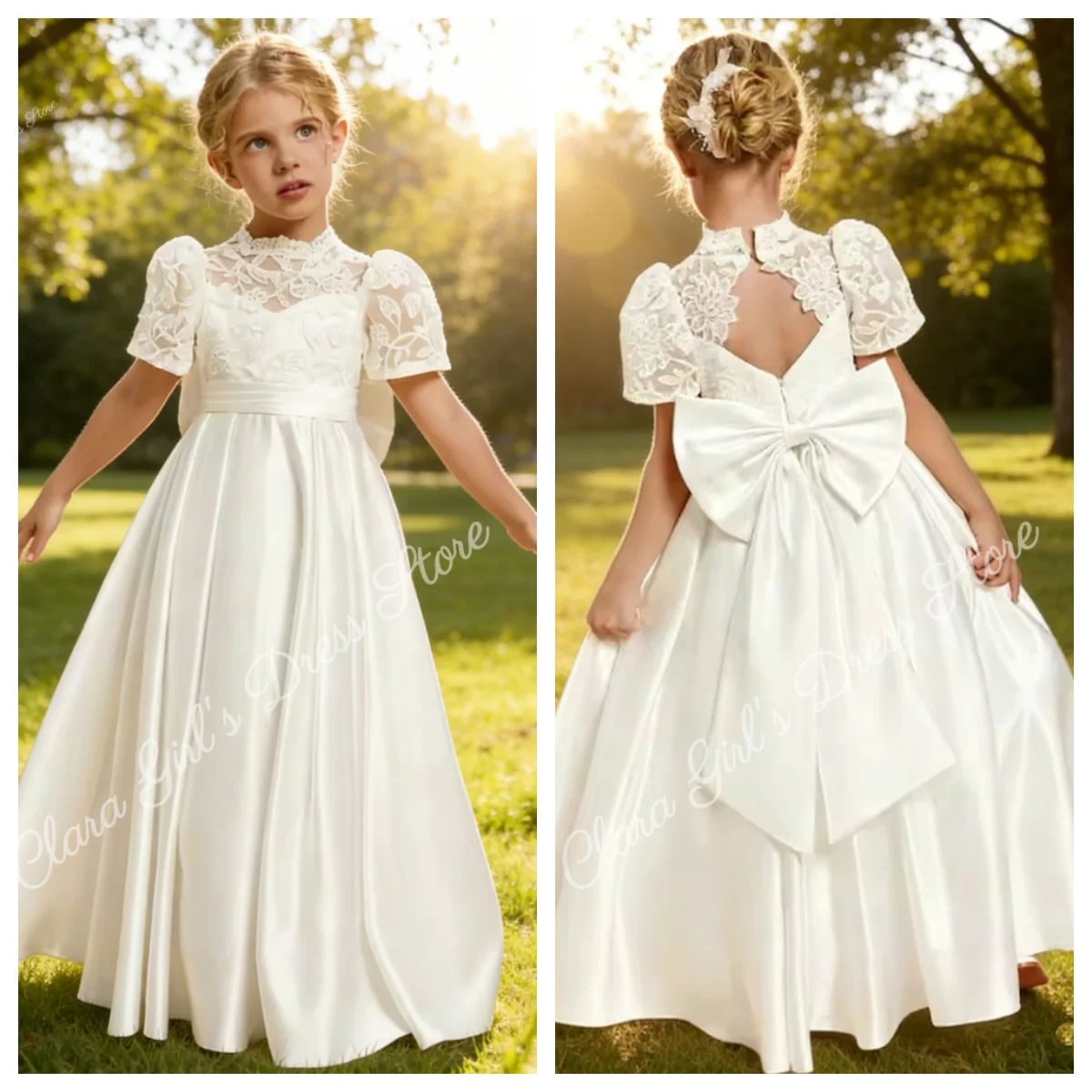 

Elegant A line High neck Long Dress for Girls Lace Satin With A Bow Suitable for Weddings Birthday Parties and Communion