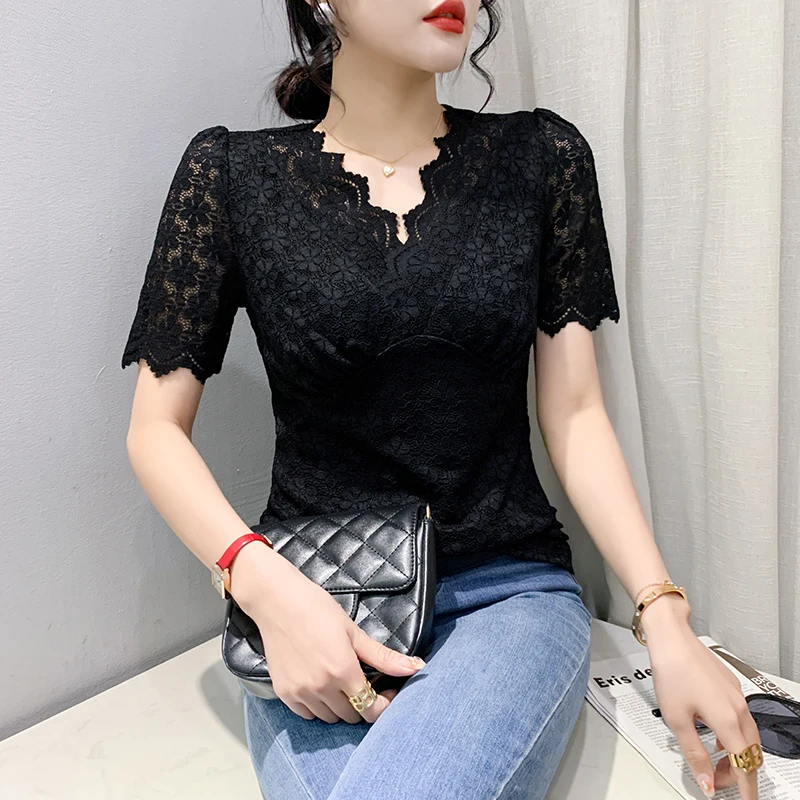 Black Summer Korean Style T-Shirt Chic Sexy V-Neck Lace Draped Women Tops Short Sleeve Slim Bottoming Shirt Tees 2024 New 442810