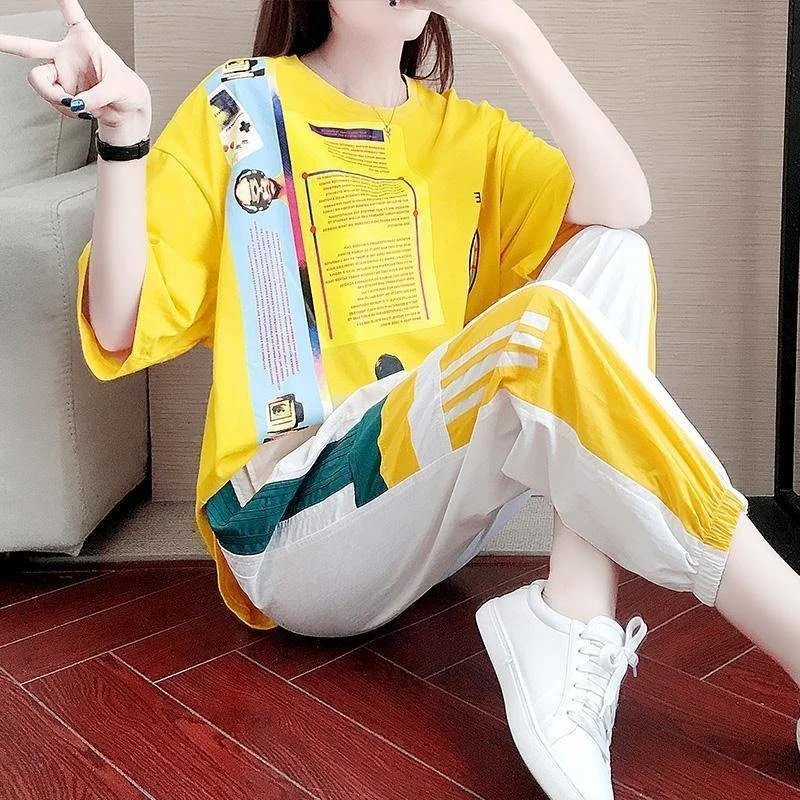 2026 Summer New Women's Casual Sweat Suits Plus Size Clothing Fashion Loose Korean Pants Short Sleeve Top 2 Two Piece Set Ladies