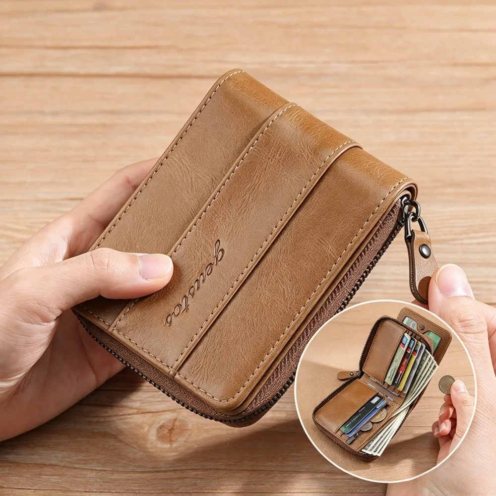 Men Portable Short PU Leather Wallet Full Zipper Around Multi Compartment Card Holder Coin Purse for Driver License Cash