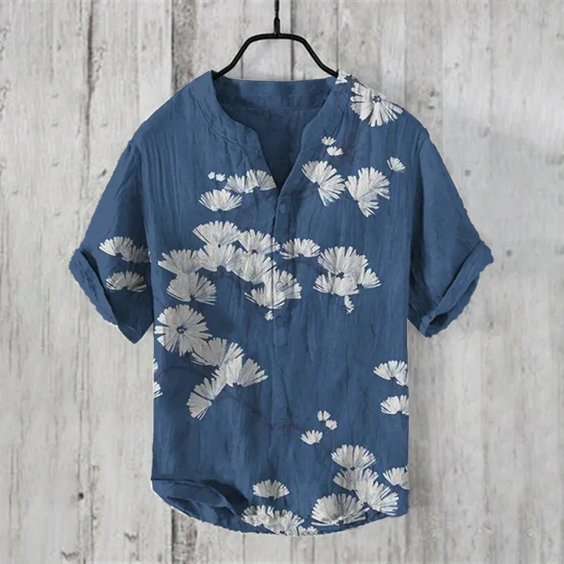 Men\'s short sleeve linen 100% casual street beach V-neck short sleeve shirt new Hawaiian shirt oversized size S-5XL fast shippin