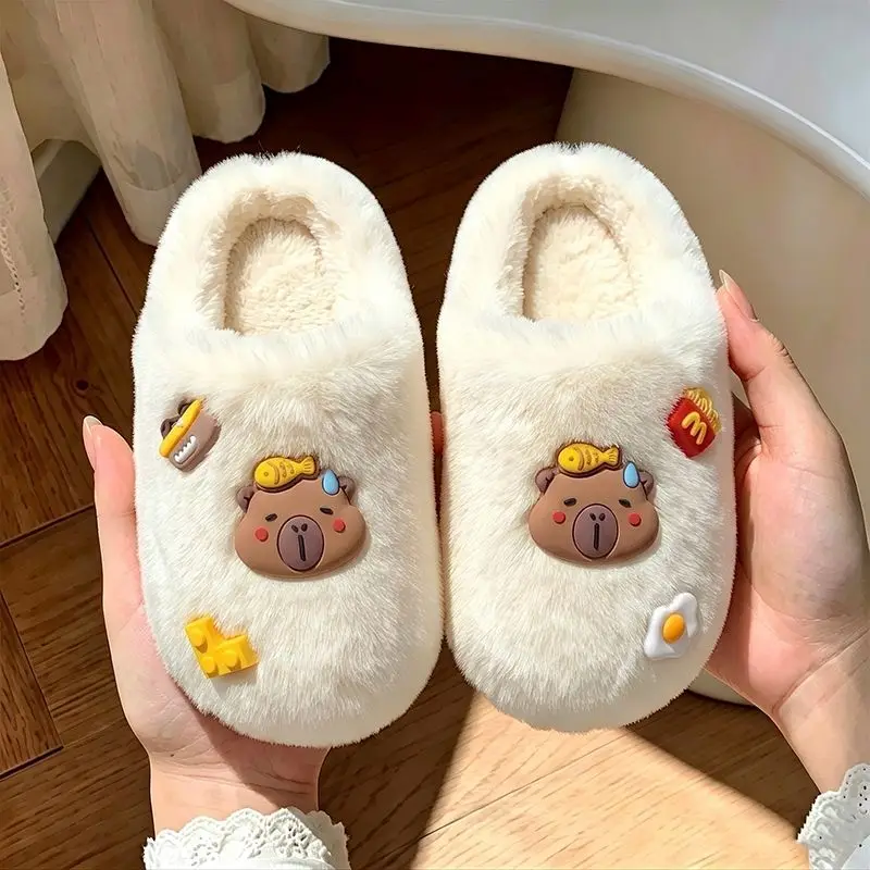 Boys Girls Beige White Capybara Winter Warm Plush Slippers Soft Fluffy Non-Slip Cozy Indoor Home Bedroom Shoes