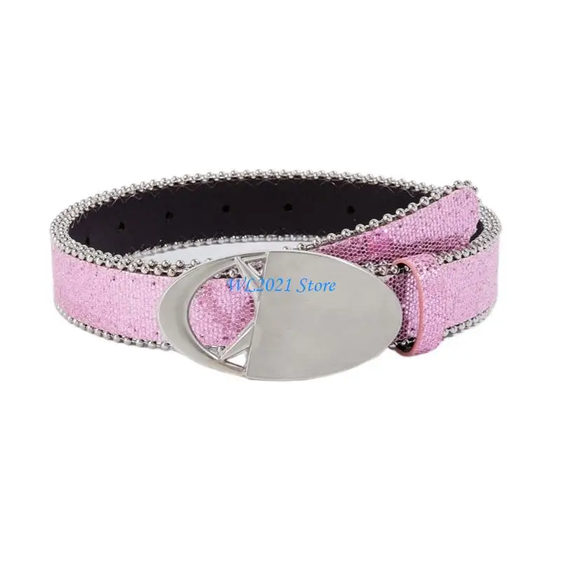 

G5GC Glittered Belt Jeans Waistband Punk Round Buckle Belt Modern Waistband for Street Player Club Party Wear