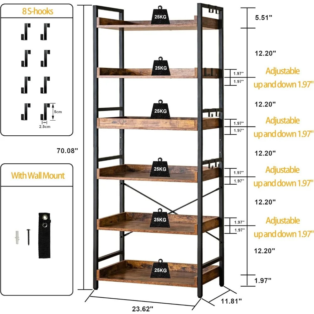Hchqhs Verstelbare 6 Tier Open Boekenkast, Rustieke Boerderij Boekenplanken, Industrieel Hout En Zwart Metalen Boekenplanken