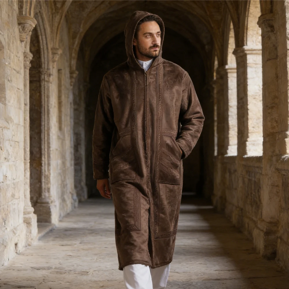 

2026 Eid Hooded Abaya Jubba Thobe Saudi Arabian Winter Thick Warm Faux Fur Men Muslim Kimono Cardigan Coat Kaftan Islam Clothing