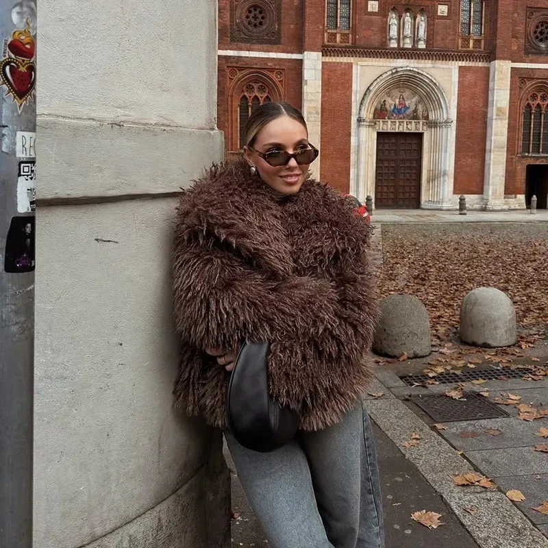 Faux Mongolia Sheep Fur Coats Women Solid Short Jackets Turn Down Collar Open Stitch Thick Straight Casual 2026 Autumn Winter