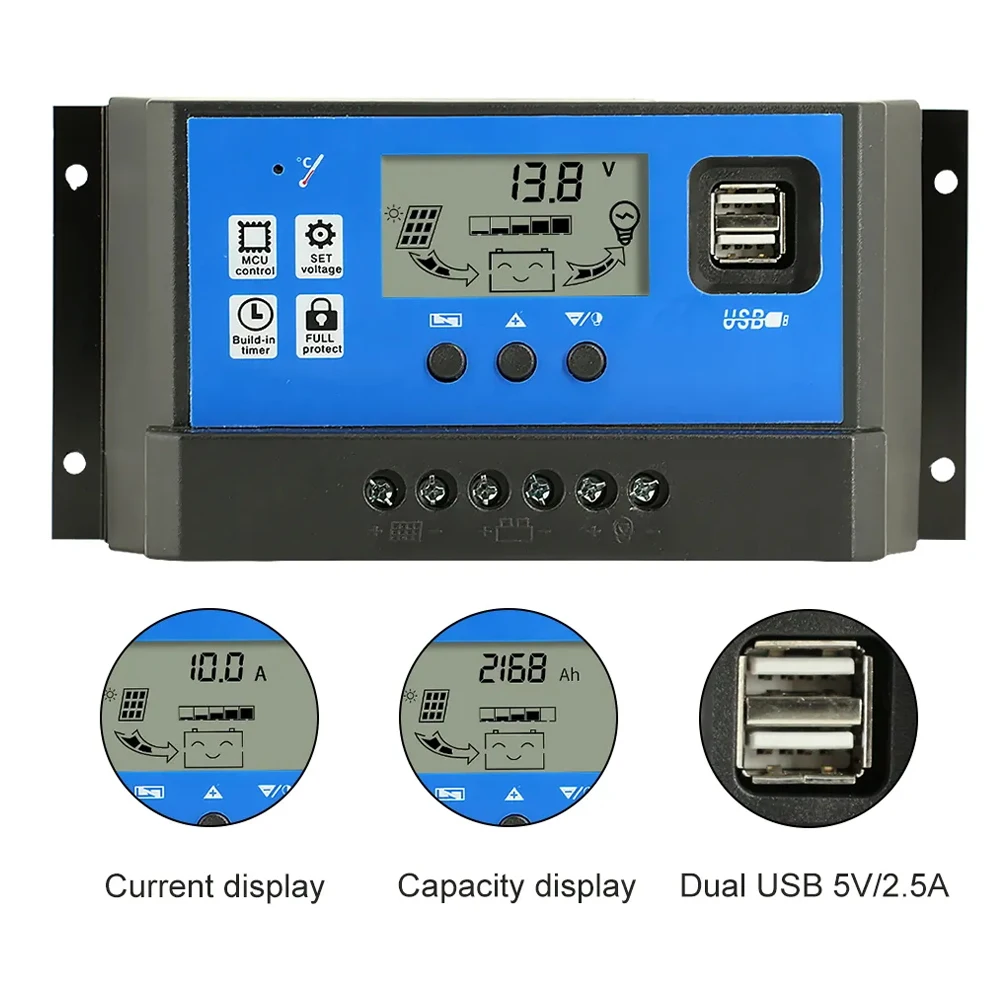 Pwm 30a 20a 10a Zonne-Energie Lading En Ontlading Controller 12V 24V Auto Lcd Zonne-Energie Regelaar Met Dual Usb Voor Swing Glijdende Opener