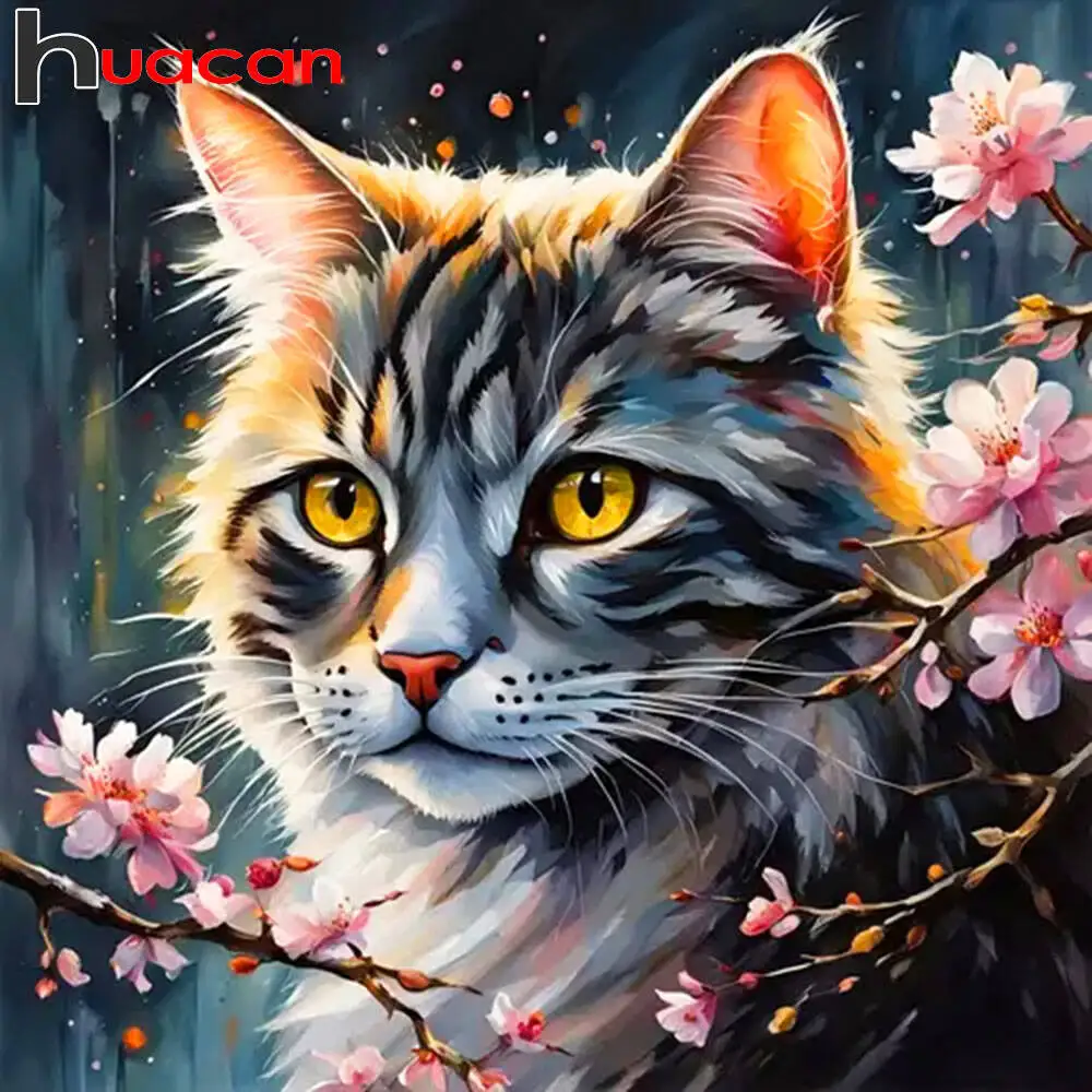 Huacan Diamantgemälde, Katze, Diamantmosaik, Pflaumenblüte, Tierblume, neue Kollektion 2025, Wanddekoration