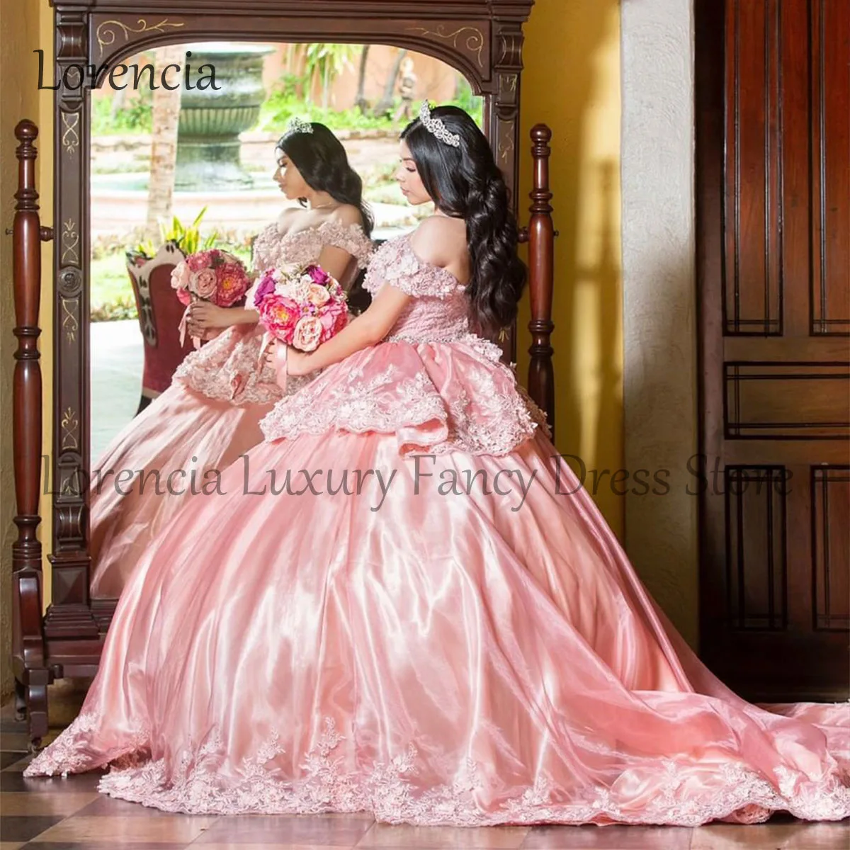 Vestido De quinceañera con apliques De flores coloridas en 3D, vestido De baile con hombros descubiertos, capa dulce, vestido Formal De 15 Años, Rosa 2024, 1516