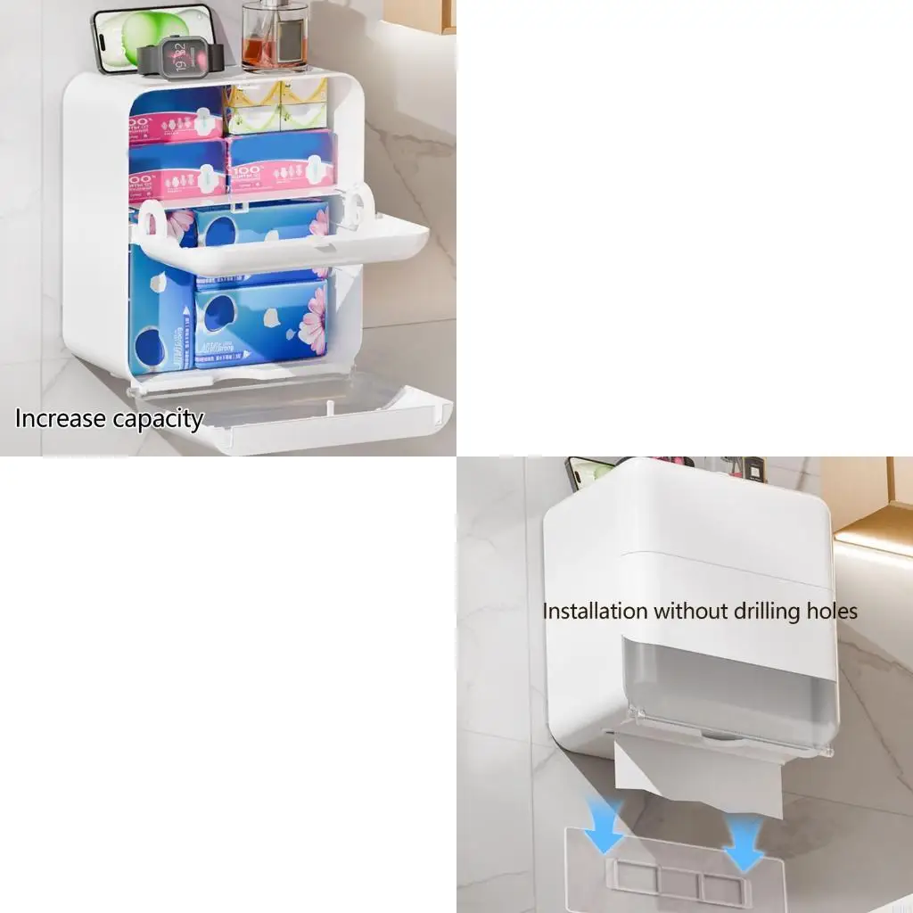 

Adhesive Bathroom Tissue Box Organizers Large Capacity 2 Rolls Storage Waterproofed Wall Mount