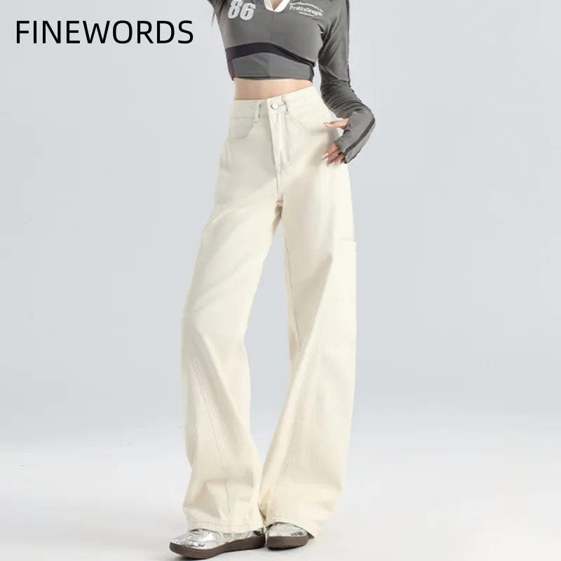 

FINEWORDS Vintage Wide Leg Beige Jeans Women High Waist Baggy Jeans Korean Casual Streetwear Punk Harajuku Loose Denim Pants