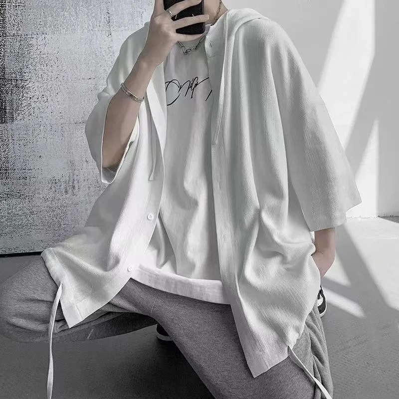 Summer Japanese Style Vintage Oversized Harajuku Shirt Men Casual Loose Hooded Blouse Korean Fashion Streetwear Men Clothes Y2k